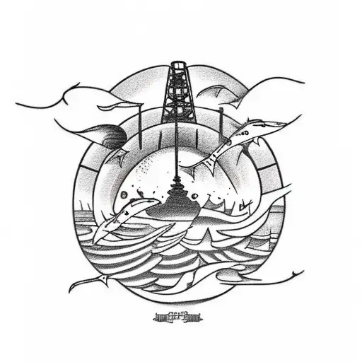 offshore oil rig with bass on top and trout below tattoo design idea