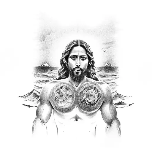 An intricate black and grey tattoo of Jesus calming a stormy sea with a backdrop of the Pacific Northwest landscape tattoo design idea