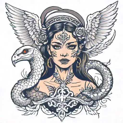 A girl who has a snake on her head instead of hair and a cross tattoo on her face and an angel on her right shoulder and tattoo design idea