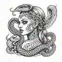 A girl who has a snake on her head instead of hair and a cross tattoo on her face and an angel on her right shoulder and tattoo design idea
