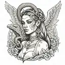 A girl who has a snake on her head instead of hair and a cross tattoo on her face and an angel on her right shoulder and tattoo design idea