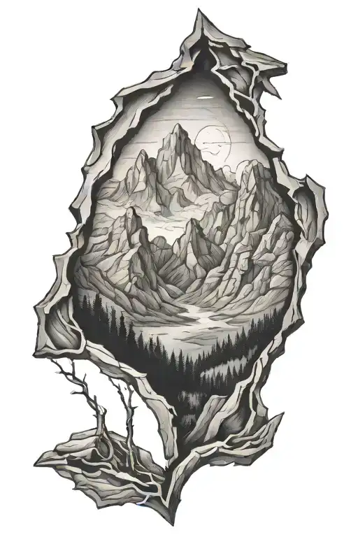 mountains through a cracked window looking tattoo design idea