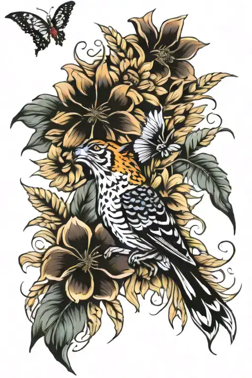 tiger lily, wheat, sunflower, hummingbird and hawk  tattoo design idea
