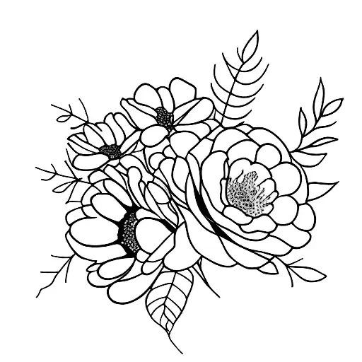 bouquet of fine lines flowers with the flowers of birth months april may and august tattoo design idea