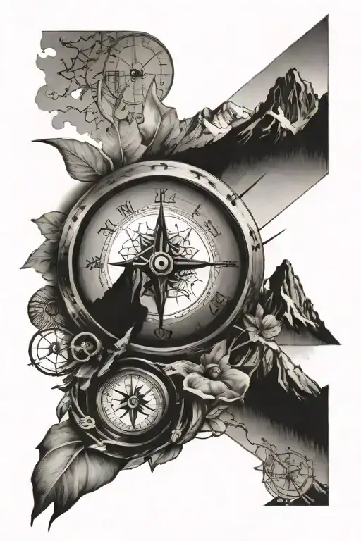 clock and mountains compass  tattoo design idea