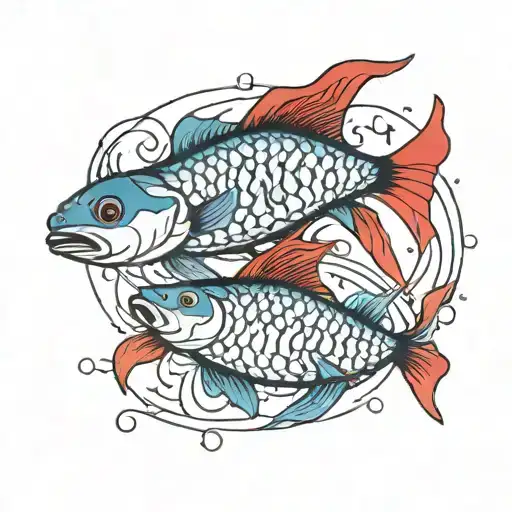 two fish, red and black, with blue lines around them tattoo design idea