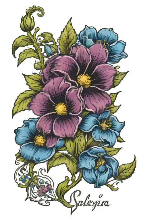 birth flowers January name Alexis on stem birth flowers October name Skylynne on stem tattoo design idea