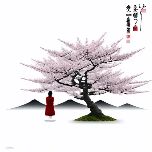 japanese cherry tree with a small  japanese woman praying under the tree leafs tattoo design idea