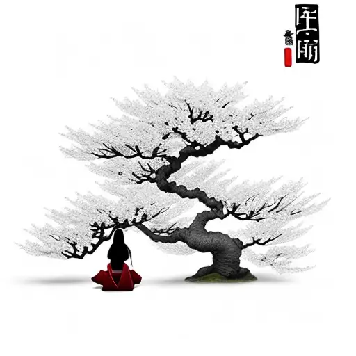 japanese cherry tree with a small  japanese woman praying under the tree leafs tattoo design idea