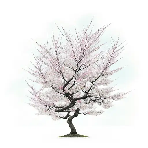 japanese cherry tree with a small gaisha praying under the tree leafs tattoo design idea