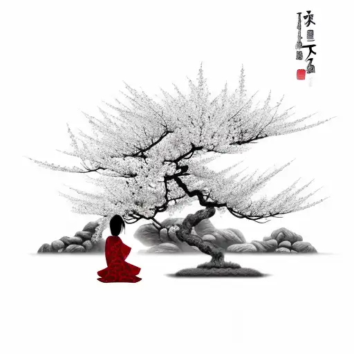 japanese cherry tree with a small  japanese woman praying under the tree leafs tattoo design idea