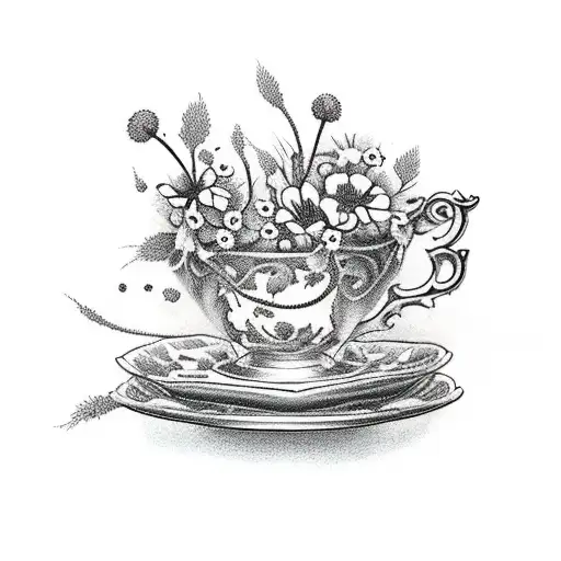 pile of old books with fancy teacup on top, wildflowers all around tattoo design idea