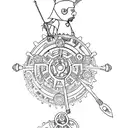 A minimalist tattoo of a wizard casting a spell with gears and cogs incorporated into the design. tattoo design idea