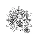 A minimalist tattoo of a wizard casting a spell with gears and cogs incorporated into the design. tattoo design idea
