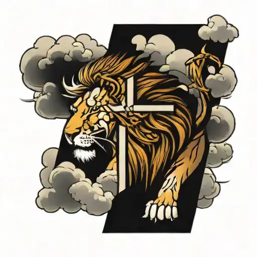 cross with clouds and a lion tattoo design idea