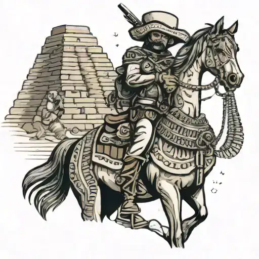 Mexican bandito holding a gun and wearing a bullet vest in front of Aztec pyramid on a horse  tattoo design idea