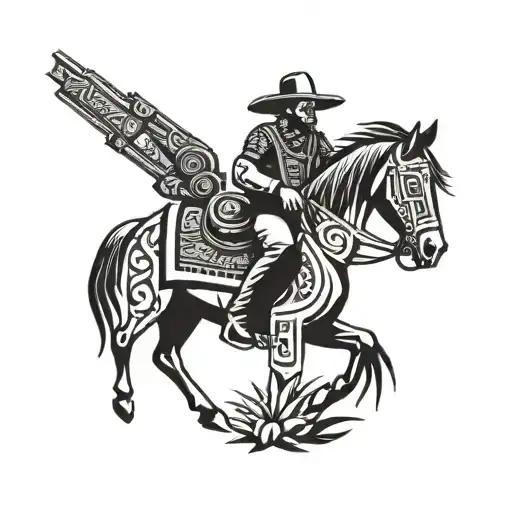 Mexican bandito holding a gun and wearing a bullet vest in front of Aztec pyramid on a horse  tattoo design idea