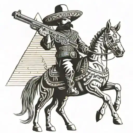 Mexican bandito holding a gun and wearing a bullet vest in front of Aztec pyramid on a horse  tattoo design idea