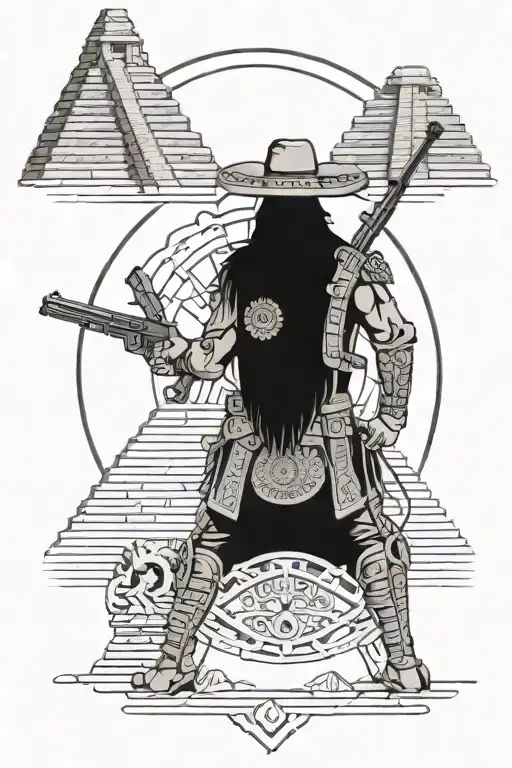Mexican bandito holding a gun and wearing a bullet vest in front of Mayan pyramid on a horse and Mayan calendar in backg tattoo design idea