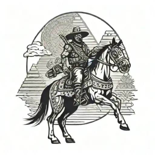 Mexican bandito holding a gun and wearing a bullet vest in front of Mayan pyramid on a horse and Mayan calendar in backg tattoo design idea