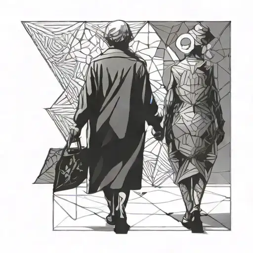 old lady walking away holding hand in the shadows Francuski Geometrick Half Realistic  tattoo design idea