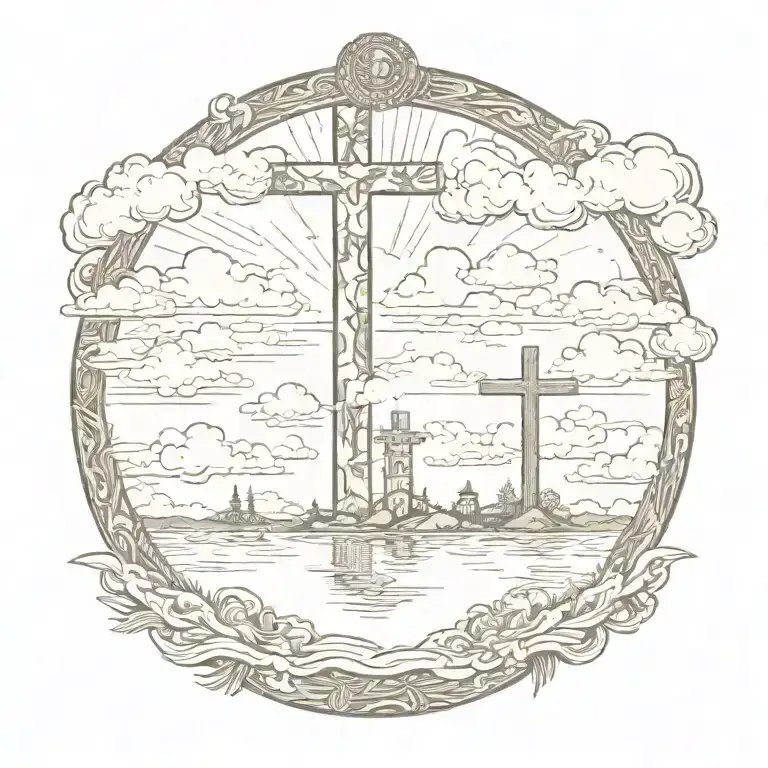 psalm 23:4 quote at the top surround by clouds, 3 crosses in the middle standing in a pond with a eye at the bottom tattoo design idea