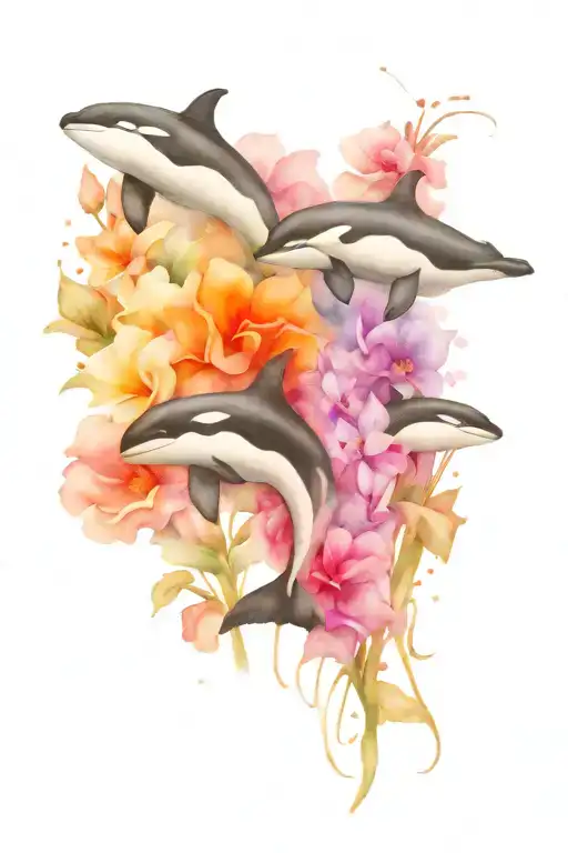 3 orca whales and flowers growing   tattoo design idea