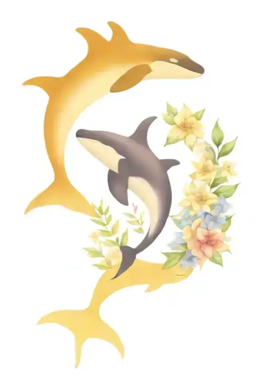 3 orca whales and flowers   tattoo design idea