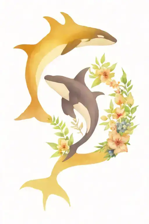 orca whales and flowers   tattoo design idea