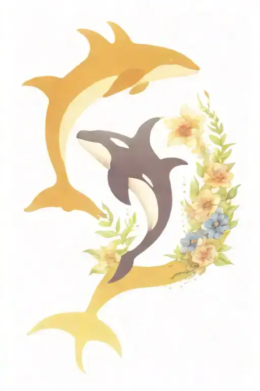 orca whales and flowers   tattoo design idea