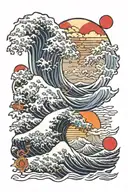 GREAT WAVE AND RISING SUN FLAG tattoo design idea