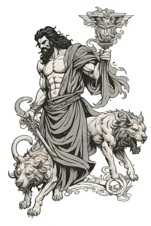 hades holding cerberus tattoo design idea