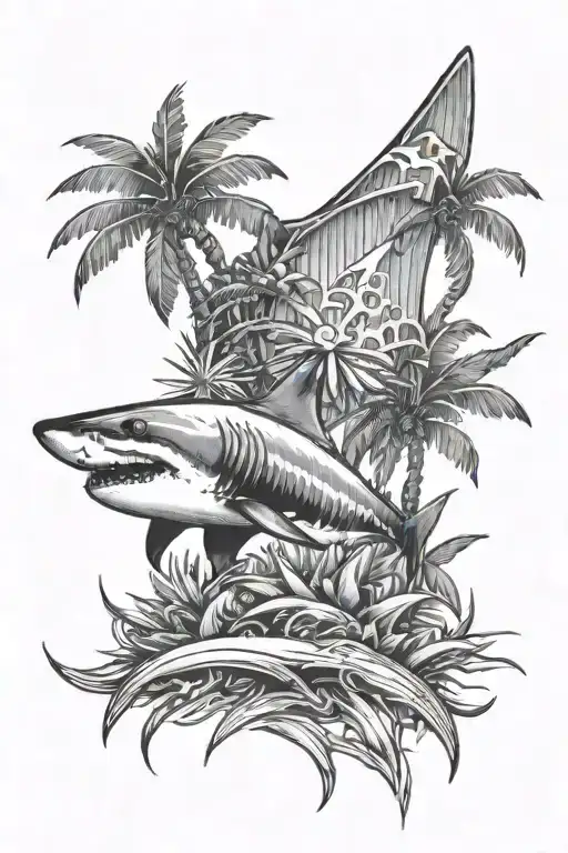palm tree and shark fin emerging tattoo design idea