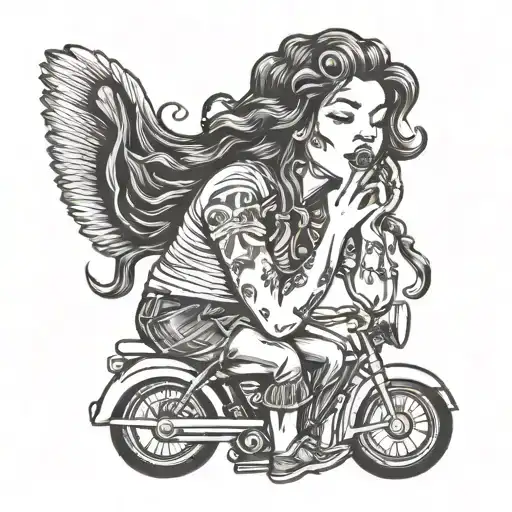 girl riding a bike playing harmonica with eyes closed tattoo design idea