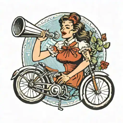 girl riding a bicycle playing harmonica with eyes closed tattoo design idea