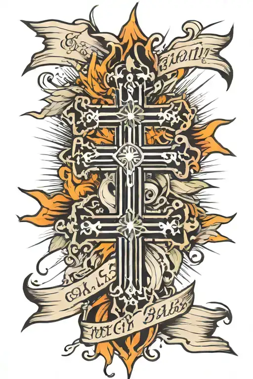 cross with 4 banners with sun rays beaming down on it  tattoo design idea