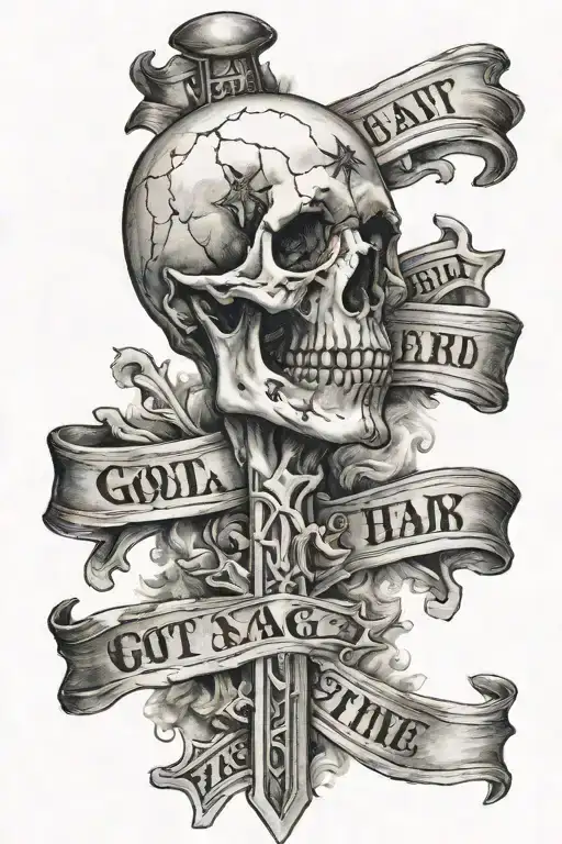 cross with 4 banners saying I  Got A Price tag on this Heavy Head  Of Mine tattoo design idea