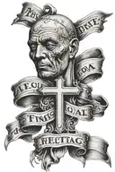 cross with 4 banners saying I  Got A Price tag on this Heavy Head  Of Mine tattoo design idea