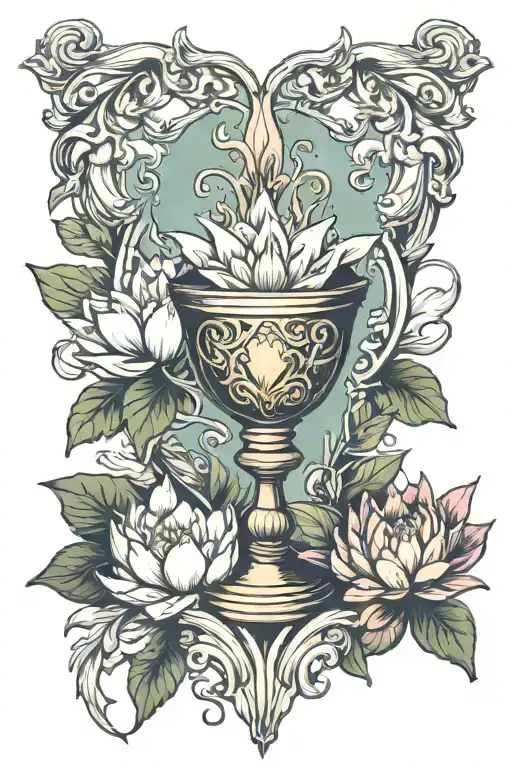 sacred heart bleeding into chalice with water lily accent tattoo design idea