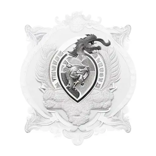 A thermoforming machine with a traditional family crest in the background tattoo design idea