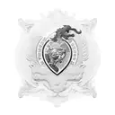 A thermoforming machine with a traditional family crest in the background tattoo design idea