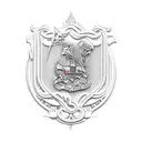 A thermoforming machine with a traditional family crest in the background tattoo design idea