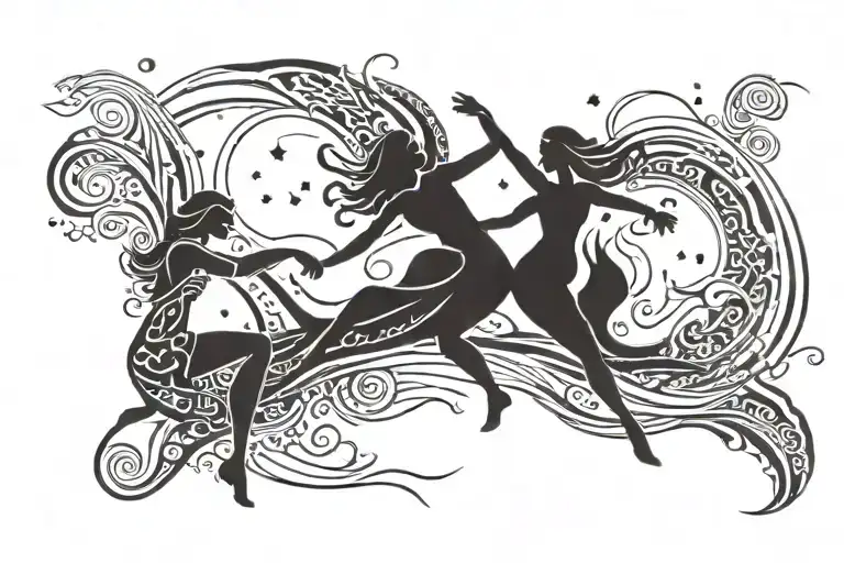 women dancing around the river at night sky tattoo design idea