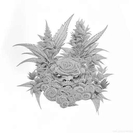 A black-grey tattoo of a boss silhouette surrounded by stacks of money and weed plants tattoo design idea