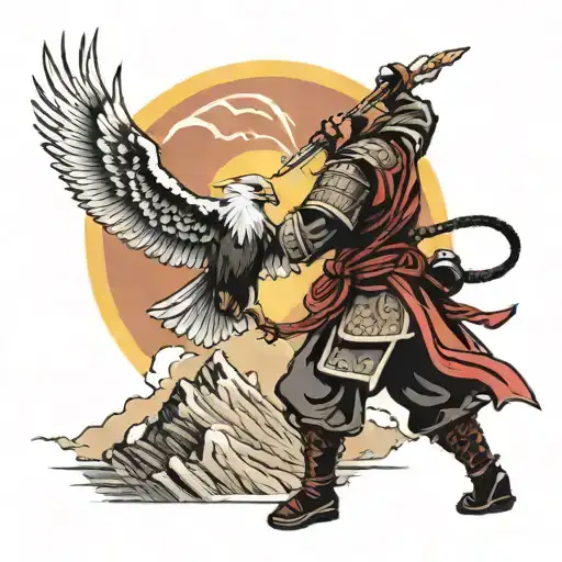 samurai warriors fighting back view in the mountains with rising sun and eagle flying  tattoo design idea