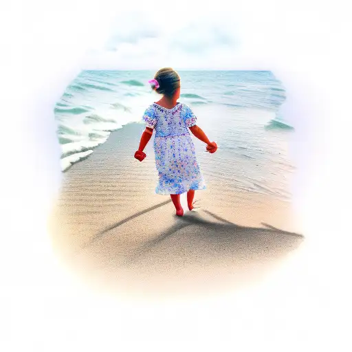 faather daughter walking on the beach sunset holding hands with date of birth  tattoo design idea