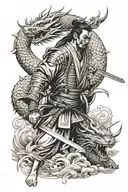 samurai without a mask without a helmet in battle with a sword in hand, a Japanese temple, a dragon and a papyrus with t tattoo design idea