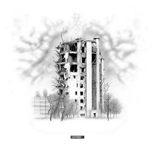 Nature engulfing a decaying Chernobyl building tattoo design idea