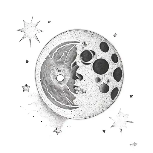 Black and white moon and stars tattoo design idea