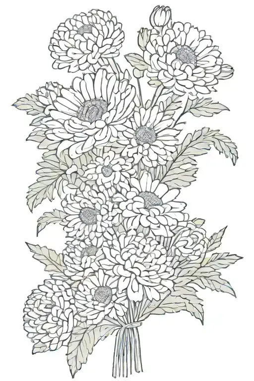small fine line of bouquet flowers with bow at bottom: 2 Chrysanthemums, 2 poppy’s, 1 Aster, and 1 carnation (no leaves) tattoo design idea